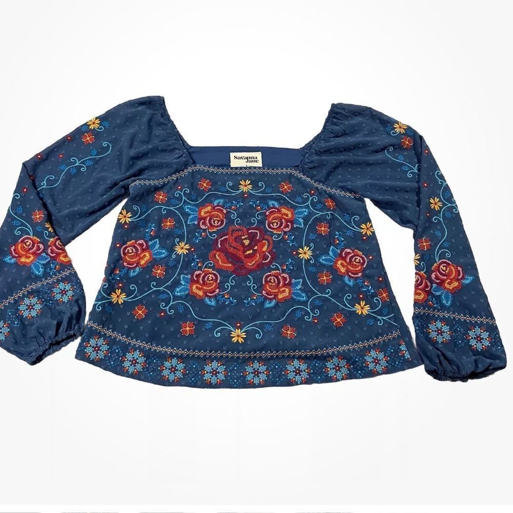 Savanna Jane Floral Embroidered Long Sleeve Peasant Top Boho Colorful Women’s S